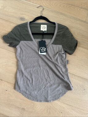 Chaser Two-Tone V-Neck Tee in Olive & Taupe